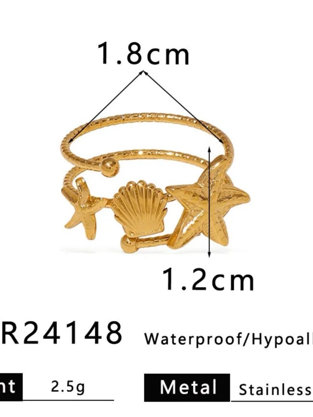 18k Gold plated Seashell & Star Open Wrap Ring - Women Jewelry